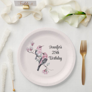 Assiettes En Carton Oiseaux roses et noirs sur une branche d'arbre