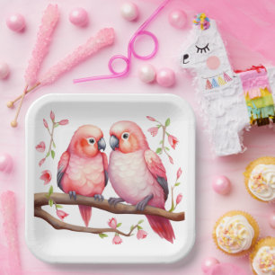 Assiettes En Carton Oiseaux rouges et roses