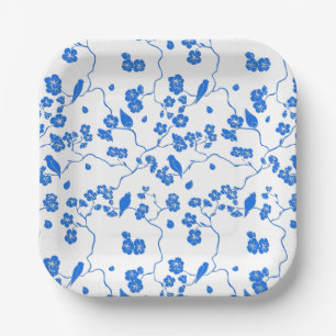 Assiettes En Carton Oiseaux sur Impression Bleue de Cerisiers en Fleur
