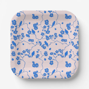 Assiettes En Carton Oiseaux sur les fleurs de cerisier Bleu sur Blush