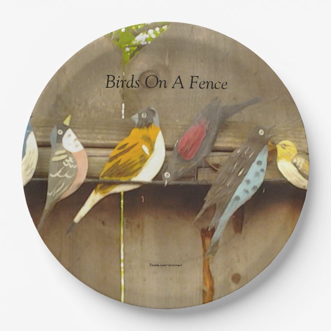 Assiettes En Carton Oiseaux sur une clôture - Rustique (Devant)