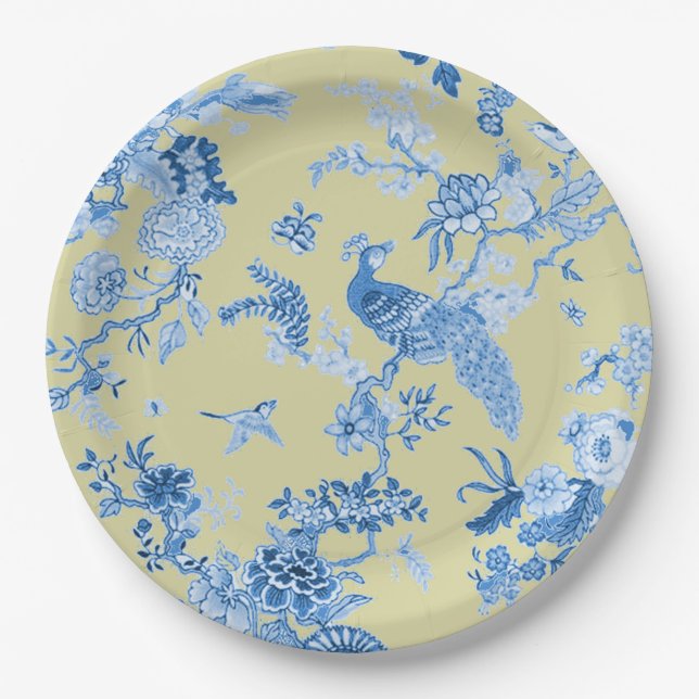 Assiettes En Carton Oiseaux Toile Bleu et moutarde (Devant)