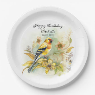 Assiettes En Carton Oiseaux Vintage Chardonneret Jaune Or Joyeux Anniv