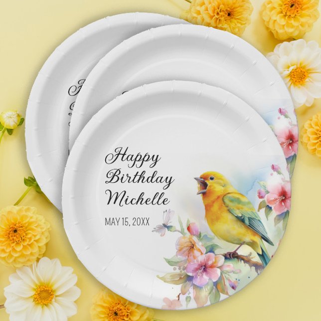 Assiettes En Carton Oiseaux vintages Canaries Fleurs Joyeux anniversai (Créateur téléchargé)