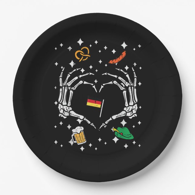 Assiettes En Carton Oktoberfest Skeleton Drapeau de coeur main alleman (Devant)