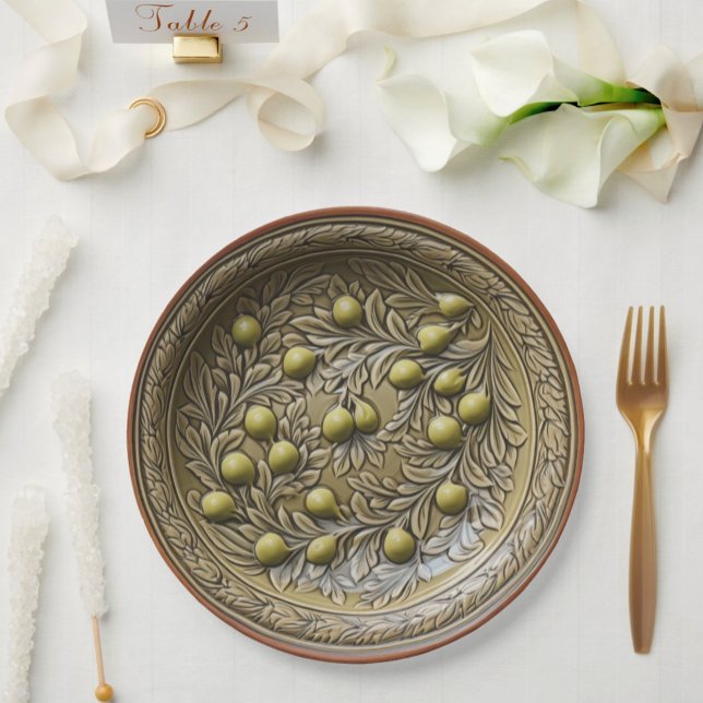 Assiettes En Carton Olive Branch Faux Poterie méditerranéenne (Faux Italian Pottery in 3D - Green Olives European Pottery Inspired Paper Plates - Wedding and Party)