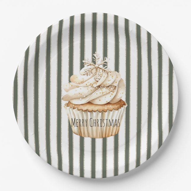 Assiettes En Carton Olive Cream Stripes Snowflake Cupcake Christmas (Devant)