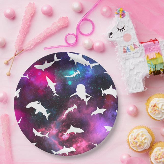 Assiettes En Carton Ombre blanche de requin sur la galaxie noire Espac (Fête)