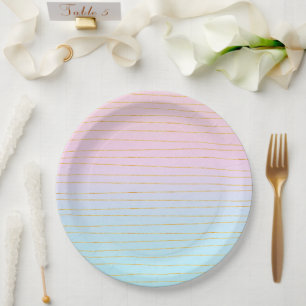 Assiettes En Carton Ombre bleu rose avec lignes or