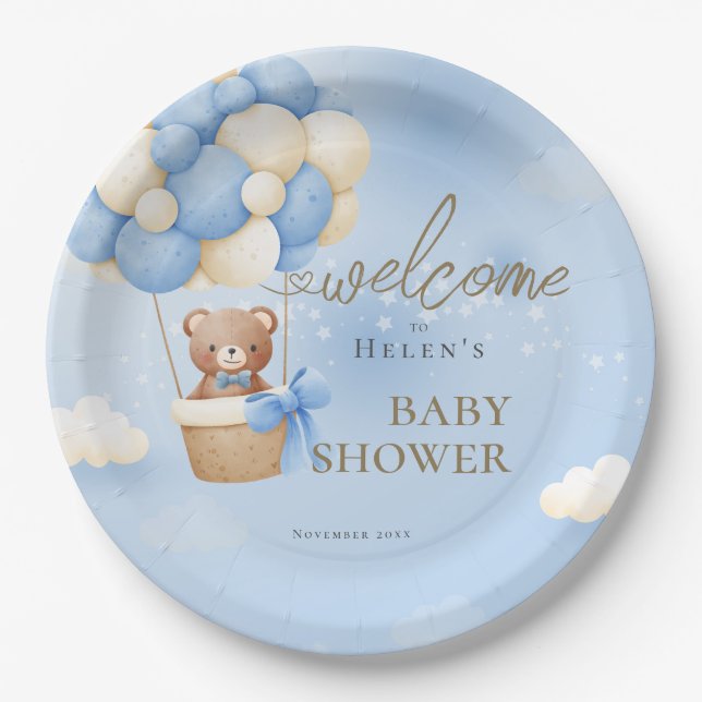 Assiettes En Carton On peut attendre bleu Teddy Bear Baby shower (Devant)