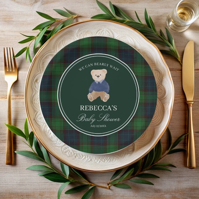 Assiettes En Carton On peut attendre un baby shower plaid classique (We can bearly wait green plaid  classic polo teddy bear baby shower personalized paper plates)