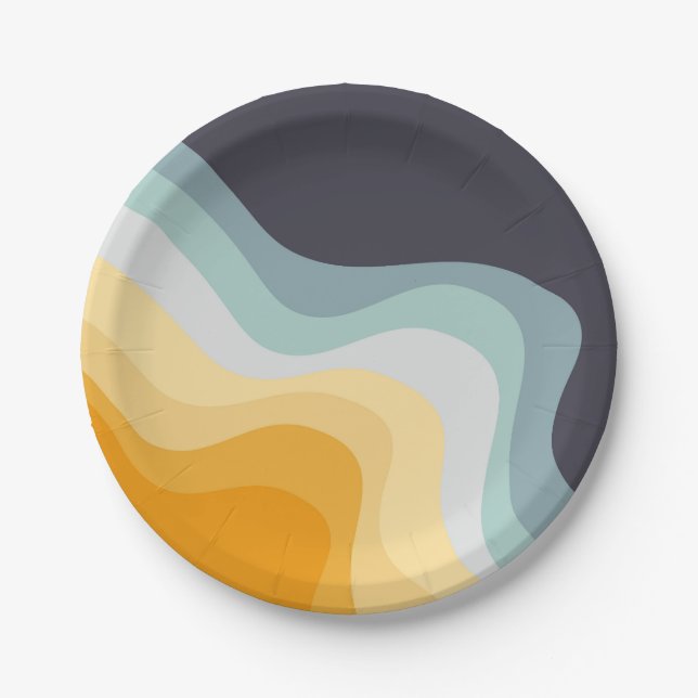 Assiettes En Carton Ondes de style rétro bleu et jaune (Devant)