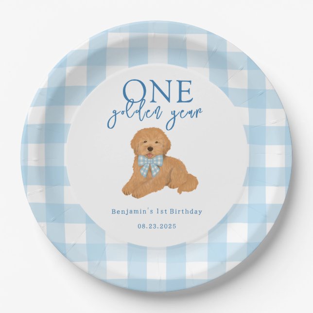 Assiettes En Carton One Golden Year Golden Doodle Boys Birthday (Devant)