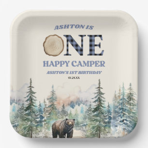 Assiettes En Carton ONE Happy Camper Bear Bleu 1er anniversaire fête