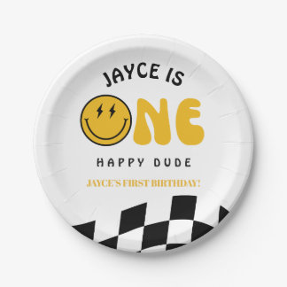 Assiettes En Carton One Happy Dude 1st Birthday Checkered Paper Plates