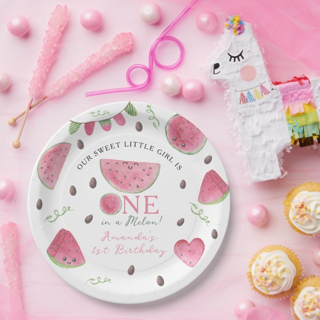 Assiettes En Carton One in a Melon Cute Watermelon Girl 1er anniversai (Fête)