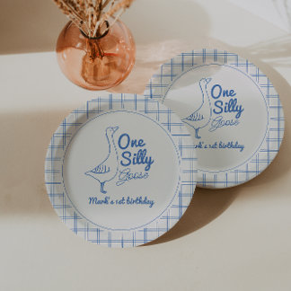 Assiettes En Carton One Silly Goose Blue Hand Drawn Boy 1st Birthday