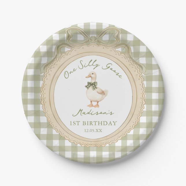 Assiettes En Carton One Silly Goose Bow Gingham 1st Birthday (Devant)
