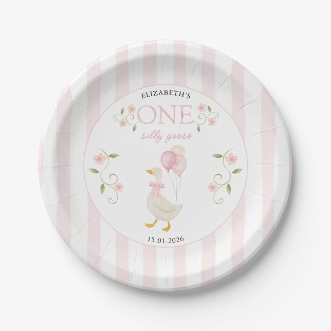 Assiettes En Carton One Silly Goose Girl 1st Birthday Pink (Devant)