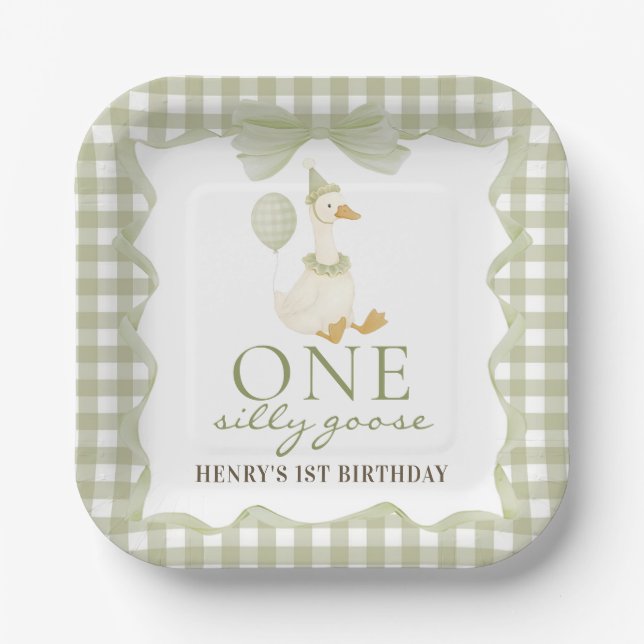 Assiettes En Carton  One Silly Goose Green 1st Birthday Paper Plate (Recto)
