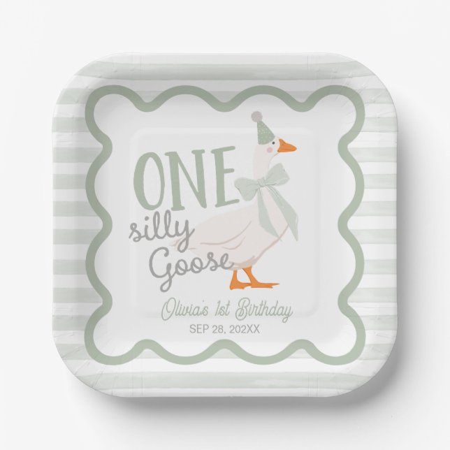 Assiettes En Carton One Silly Goose Green Bow 1st Birthday (Recto)