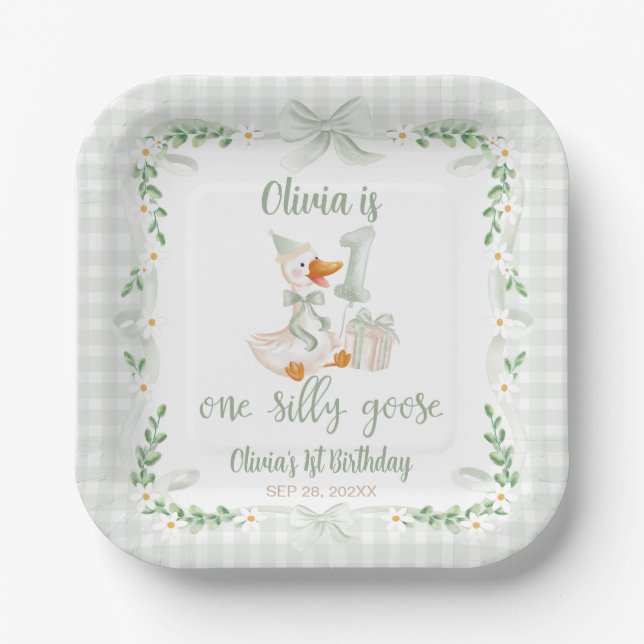 Assiettes En Carton One Silly Goose Green Bow Floral 1st Birthday (Recto)