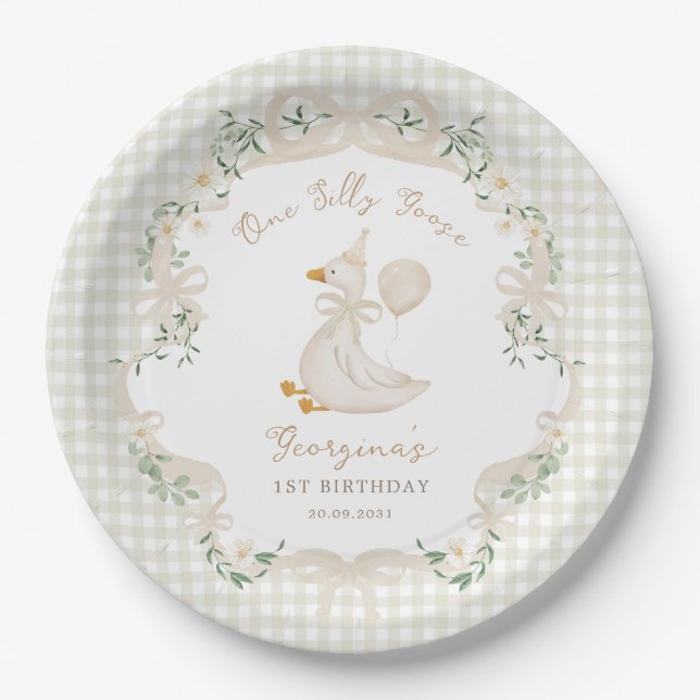 Assiettes En Carton One Silly Goose Neutral Bow Gingham 1st Birthday (Devant)