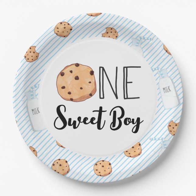 Assiettes En Carton One Sweet Boy Milk and Cookies blue Anniversaire (Devant)