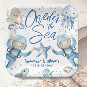 Assiettes En Carton ONEder sous la mer Jumeaux 1er anniversaire Océan