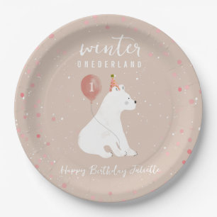 Assiettes En Carton Onederland Pink Polar Bear 1er anniversaire