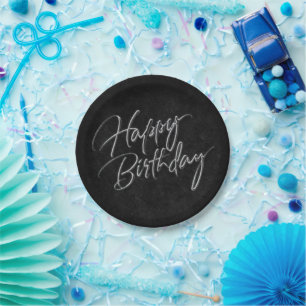 Assiettes En Carton Onyx Black Velvet   Grunge Happy Birthday Script