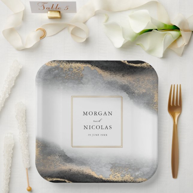 Assiettes En Carton Opulence élégante Noir et Or Moderne (Mariage)