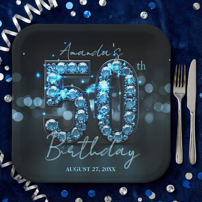 Assiettes En Carton Opulent Elegant Teal Blue Diamonds 50th Birthday (Créateur téléchargé)