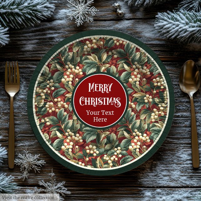 Assiettes En Carton Opulente baies de Noël sainte verdure muet (Opulent Christmas holly berries greenery muted Paper Plates)