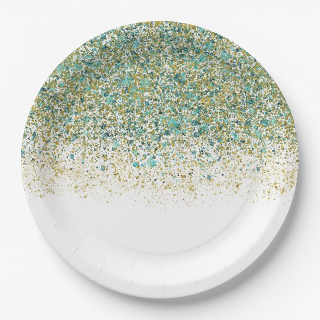 Assiettes En Carton Or blanc et paillettes bleu sarcelle Glam moderne  (Devant)