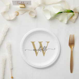 Assiettes En Carton Or Blanc Moderne Écriture Personnalisée Monogramme