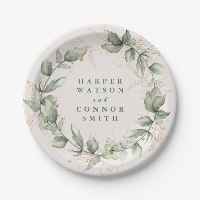 Assiettes En Carton Or Botanique Eucalyptus Élégant Verdure Moss (Devant)