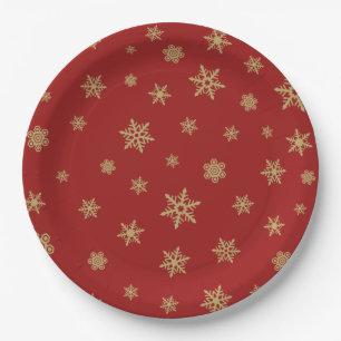 Assiettes En Carton Or de conception de flocons de neige sur le rouge