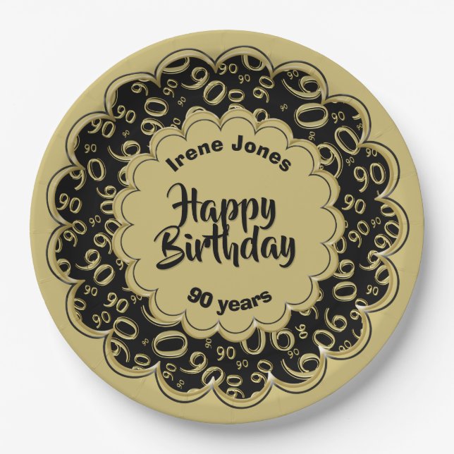 Assiettes En Carton Or de joyeux anniversaire quatre-vingt-dixième et (Devant)