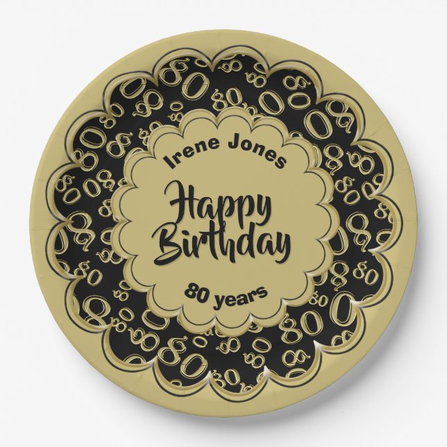Assiettes En Carton Or de joyeux anniversaire quatre-vingtième et (Devant)