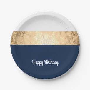 Assiettes En Carton or élégant de faux, bleu marine, rayures blanche