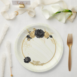Assiettes En Carton or élégant et floral noir