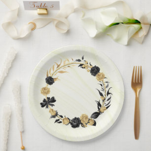 Assiettes En Carton or élégant et floral noir