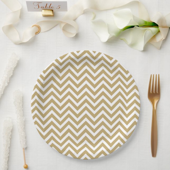 Assiettes En Carton Or et blanc Chevron (Mariage)