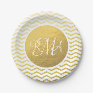 Assiettes En Carton Or et blanc Chevron Monogrammé Personnalisé