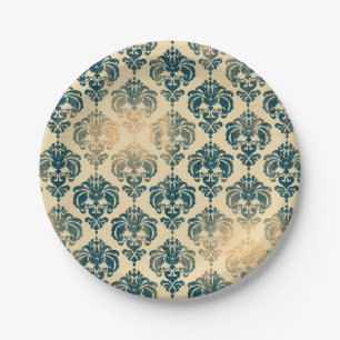 Assiettes En Carton Or et Bleu Vintage Rustique Moderne Glamour Damass