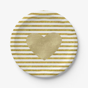 Assiettes En Carton Or et coeur chic blanc de rayures