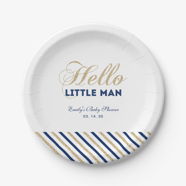 Assiettes En Carton Or et marine | Plaque de Baby shower moderne (Devant)