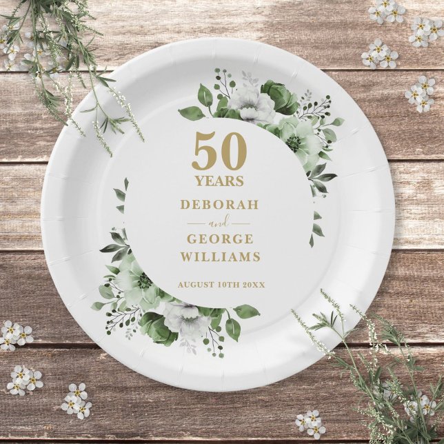 Assiettes En Carton Or moderne 50e anniversaire Mariage verdure (Modern Gold 50th Wedding Anniversary Greenery Paper Plates)