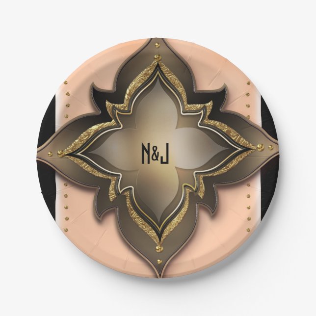 Assiettes En Carton Or Noir et Pêche Fleur Exotique Chic Party Personn (Devant)